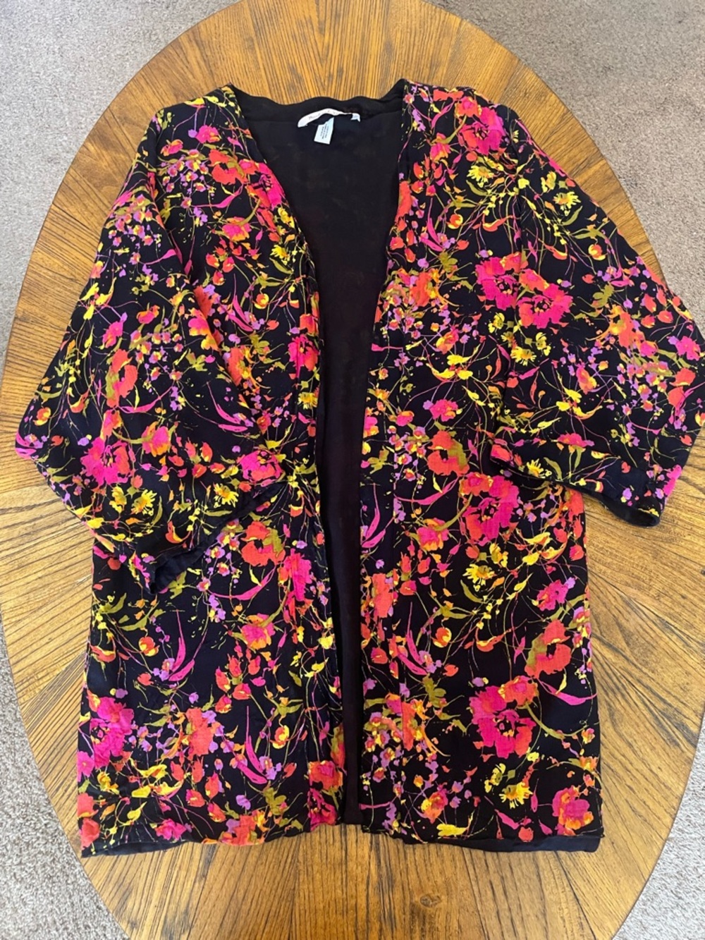 Michael Stars Black Kimono Jacket with Pink & Yellow Floral Design